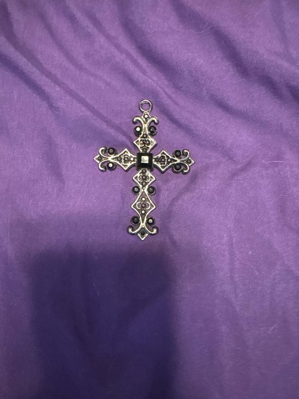 Large Gothic Silver Tone Openwork Cross Pendant with Black Rhinestones